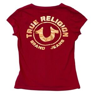 True Religion V-Neck‎ Tee Women' S Red Gold Horseshoe Streetwear Western Grunge